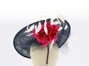 Navy Fascinator with Hot Pink Silk Roses and White Feathers
