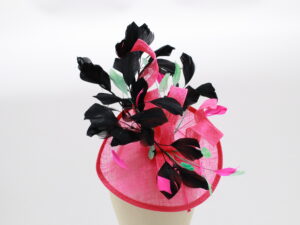 Hot Pink Fascinator with Black, Pink and Green Feathers