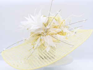 Yellow Plaid Sinamay Hat with White Feather Flowers