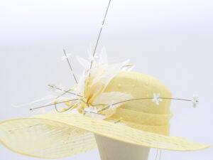 Yellow Plaid Sinamay Hat with White Feather Flowers