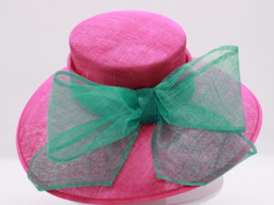 Hot Pink Sinamay Hat with Oversized Turquoise Bow