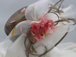 Taupe and White Sinamay Hat with Pink Floral Accent