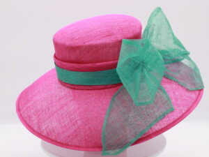 Hot Pink Sinamay Hat with Oversized Turquoise Bow