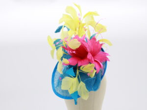 Electric Blue Fascinator with Yellow Feathers and Hot Pink Feather Flowers