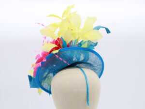 Electric Blue Fascinator with Yellow Feathers and Hot Pink Feather Flowers