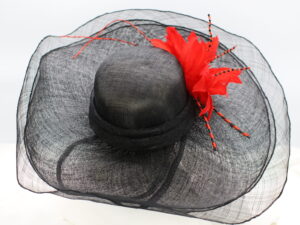 Black Sinamay Hat with Red Feather Flower