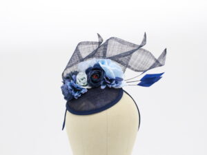 Small, Navy Fascinator with Pale Blue Silk Roses and Blue Feathers