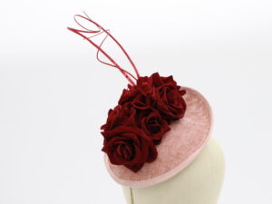Dusty Rose Fascinator with Burgundy Roses and Burgundy Quill Swirls