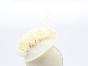 Ivory Sinamay Fascinator with Ivory Silk Roses and Swirled Quills