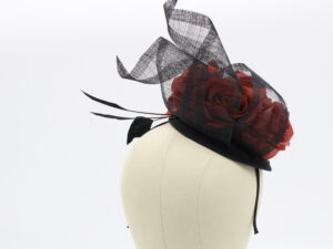 Black Sınamay Fascinator with Burgundy Roses and Black Feathers