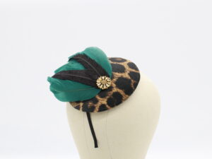 Leopard Fascinator with Black and Green Feathers