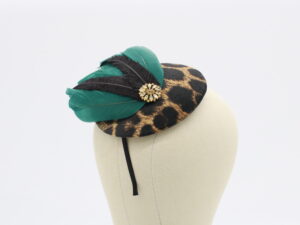 Leopard Fascinator with Black and Green Feathers