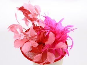 Red Sınamay Fascinator with Pink and Coral Feathers