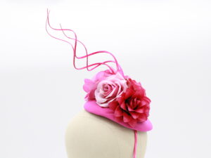 Hot Pink Pill Box Fascinator with Silk Roses and Swirled Quills
