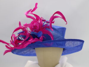 Royal Blue Hat with Pink Feathers