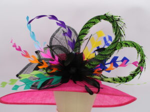 Pink Sinamay Hat with Multi-Colored Feathers